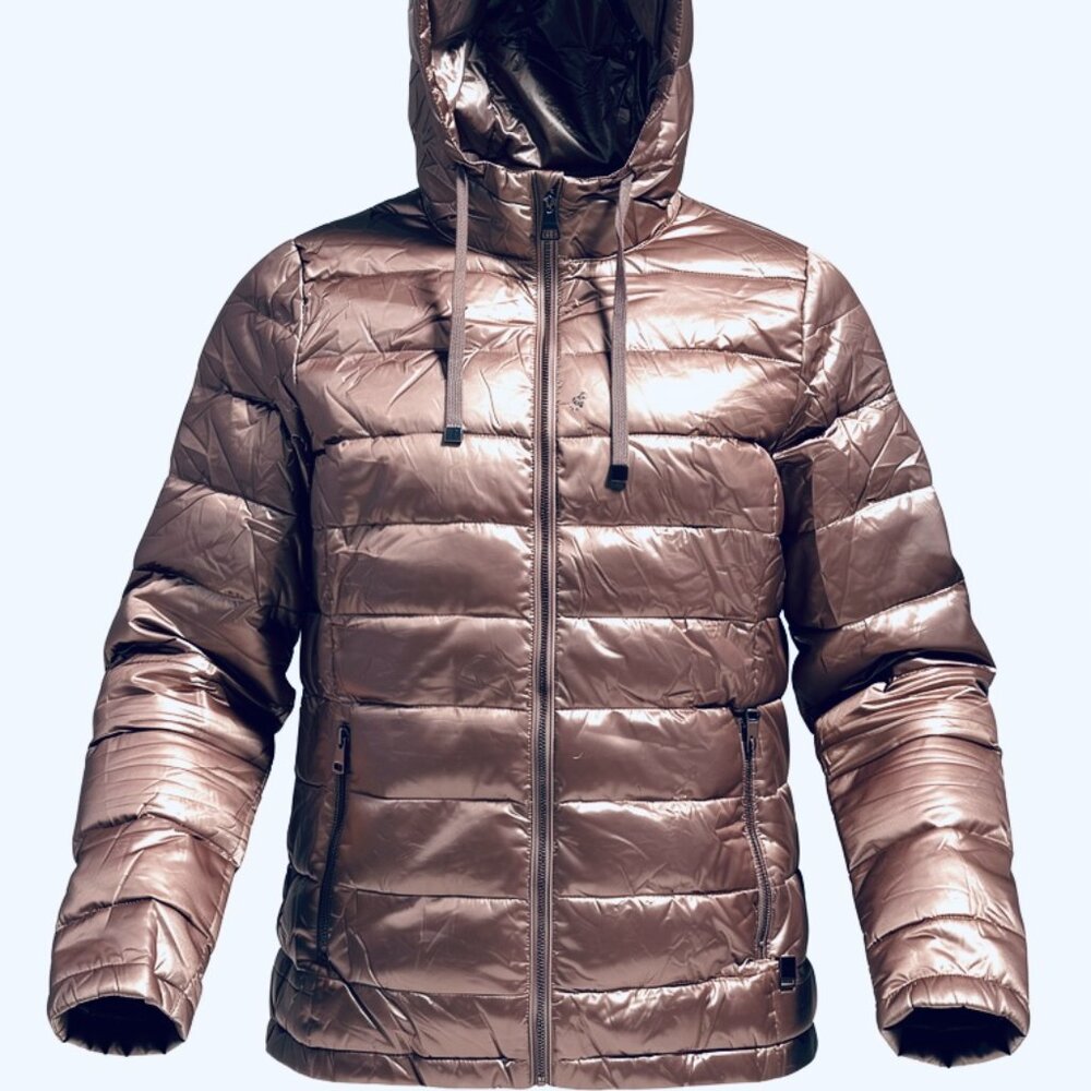 Andrew Marc Packable Puffer Jacket Hooded Metallic Gray New Without Tags